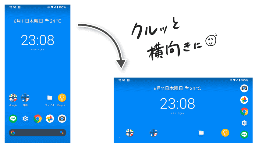 スマホのホーム画面も横向きになる