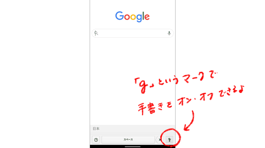 手書き入力はｇというマークでオンオフを切り替えられる