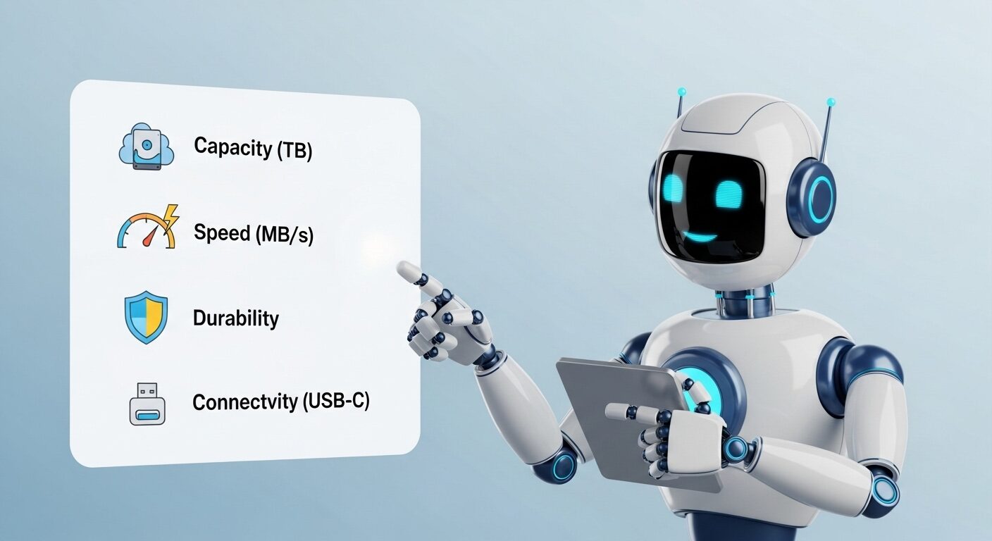 容量、速度、耐久性、接続端子のチェックリストを指し示す親しみやすいロボット