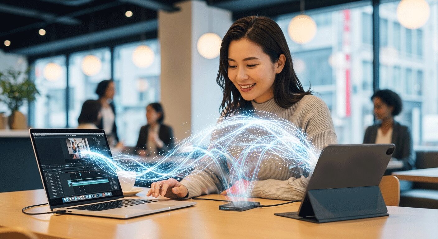 カフェでポータブルSSDを使い、ノートPCからタブレットへ高速にデータを移動させている様子