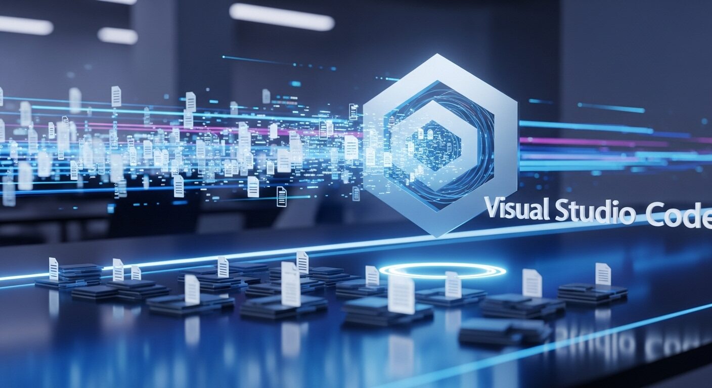 Visual Studio Codeのロゴが輝き、ファイル検索が高速に行われていることを示すイメージイラスト