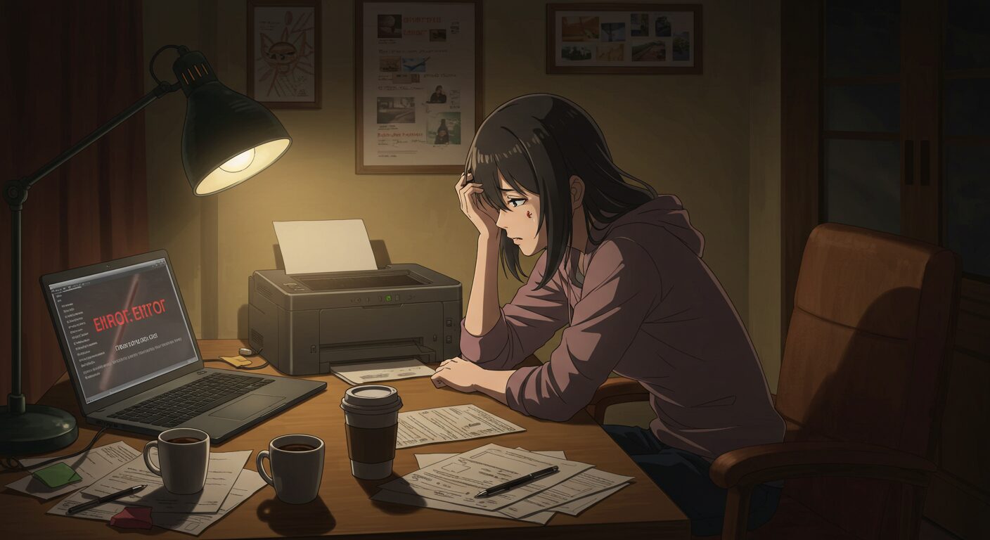 暗い部屋でプリンターが動かず、パソコンのエラー表示に頭を抱える人物