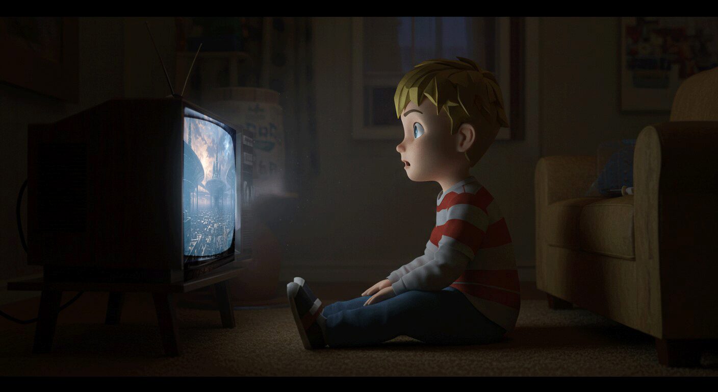 1997年、ブラウン管テレビに映るファイナルファンタジー7のポリゴンキャラクターに夢中になっている少年のイラスト