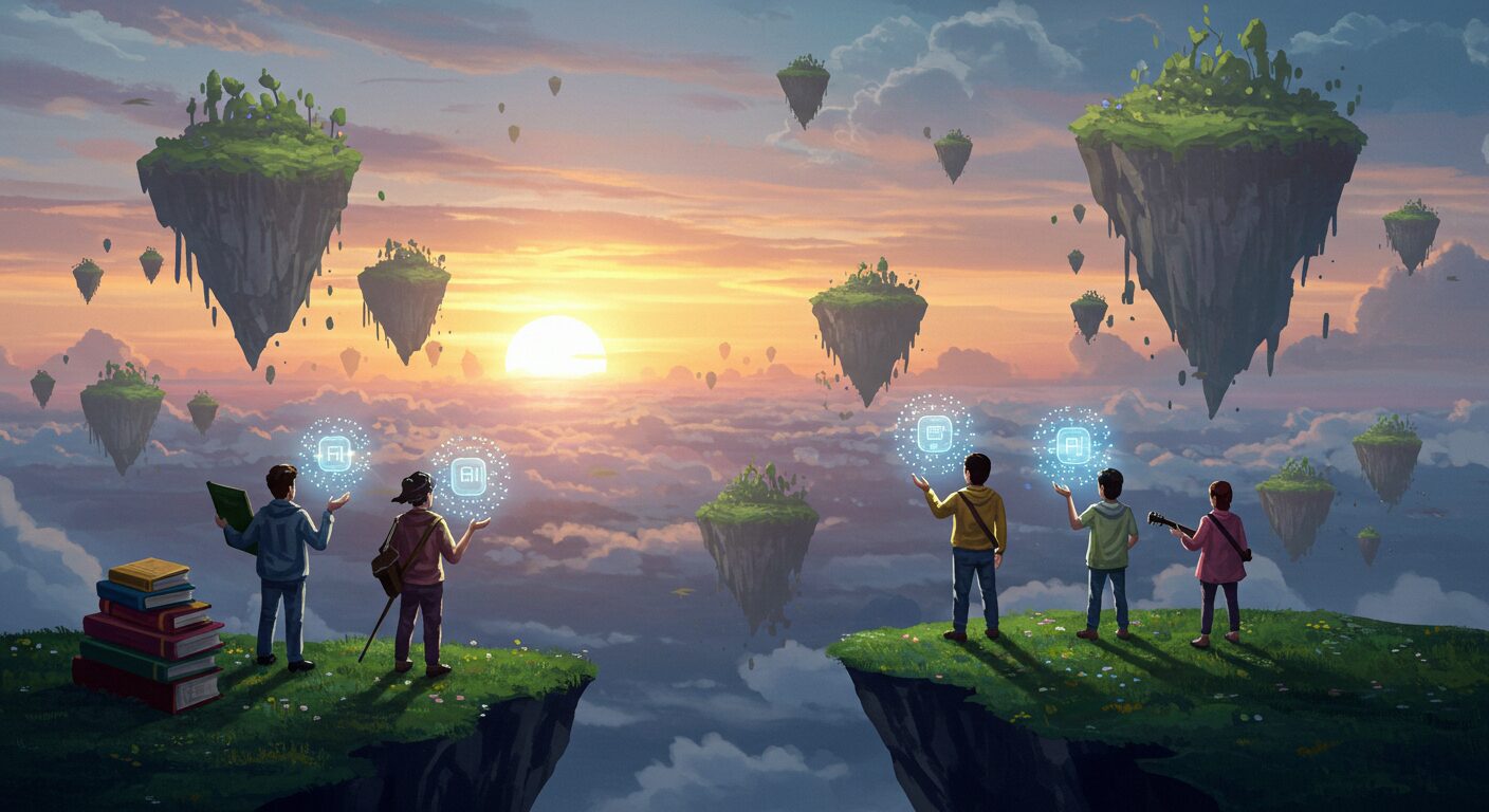 様々なクリエイターたちが、AIを象徴する光る玉を手に、眼前に広がる新しい世界の夜明けを眺めている希望に満ちたイラスト