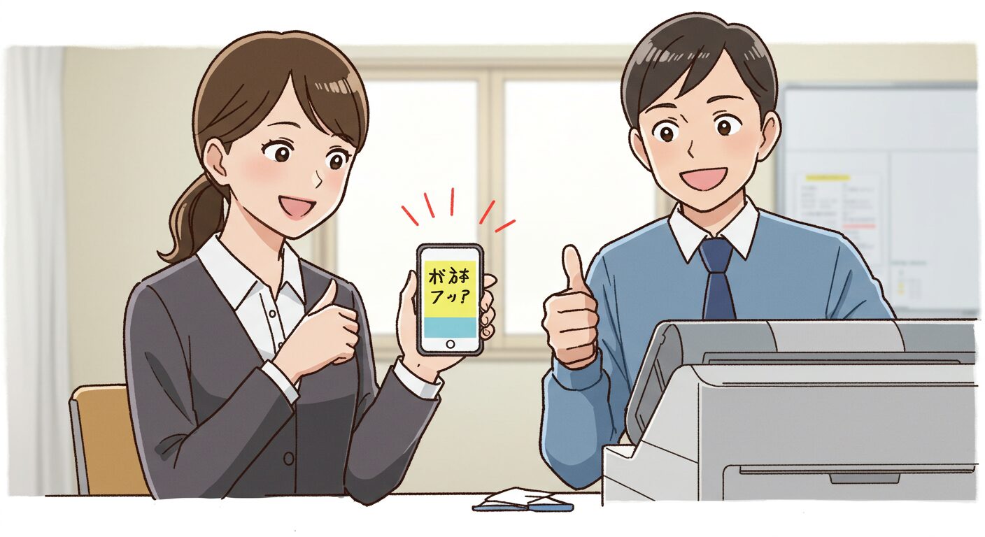 同僚にスマホのメモを見せて感謝され、笑顔で解決策を教える人物