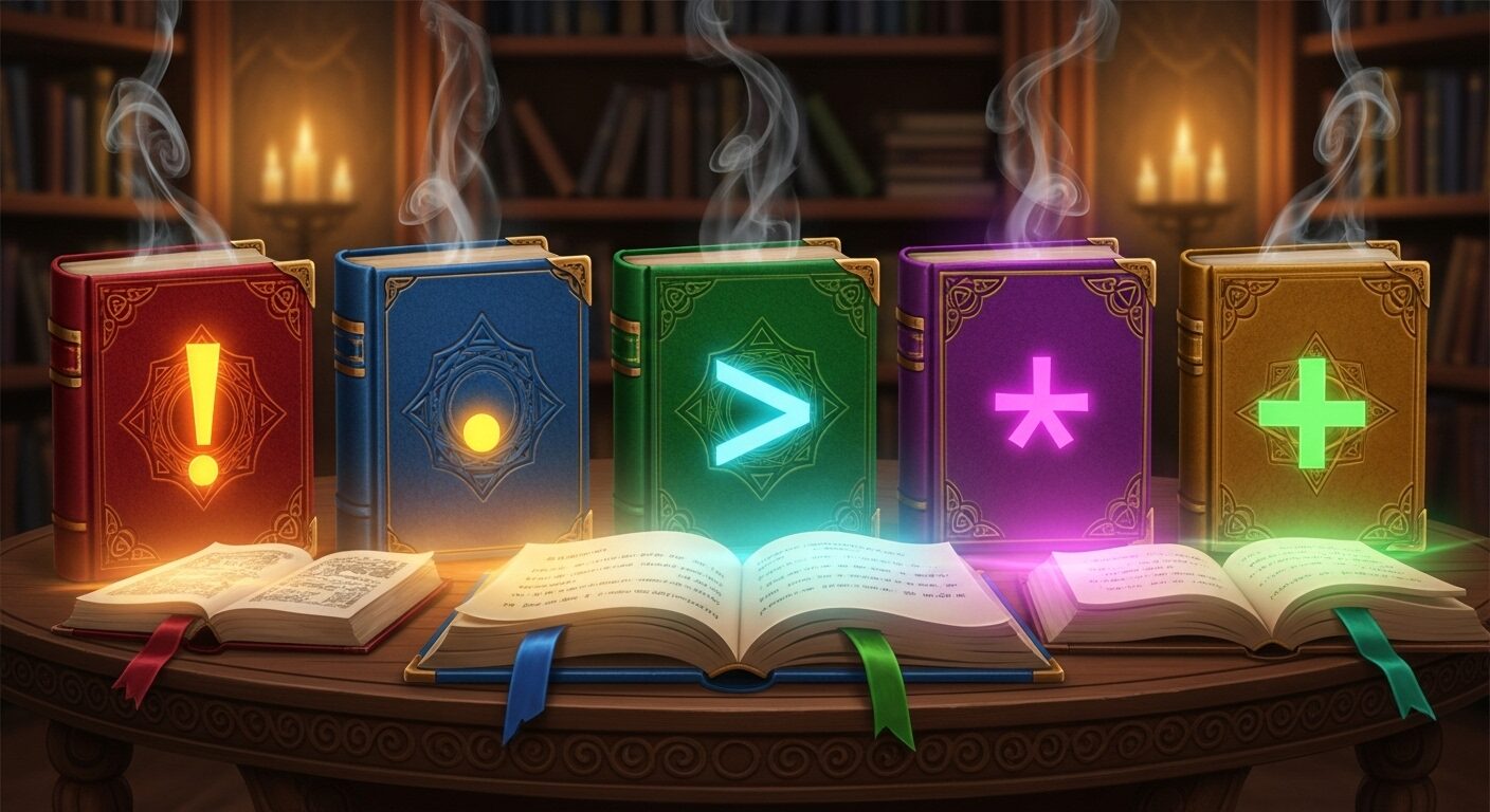 5 冊の魔法の呪文書が並んでいるイラスト。それぞれの本には、「!」や「\*」などの異なる Emmet の基本記号が輝いており、Emmet の基本的な型を表現している。